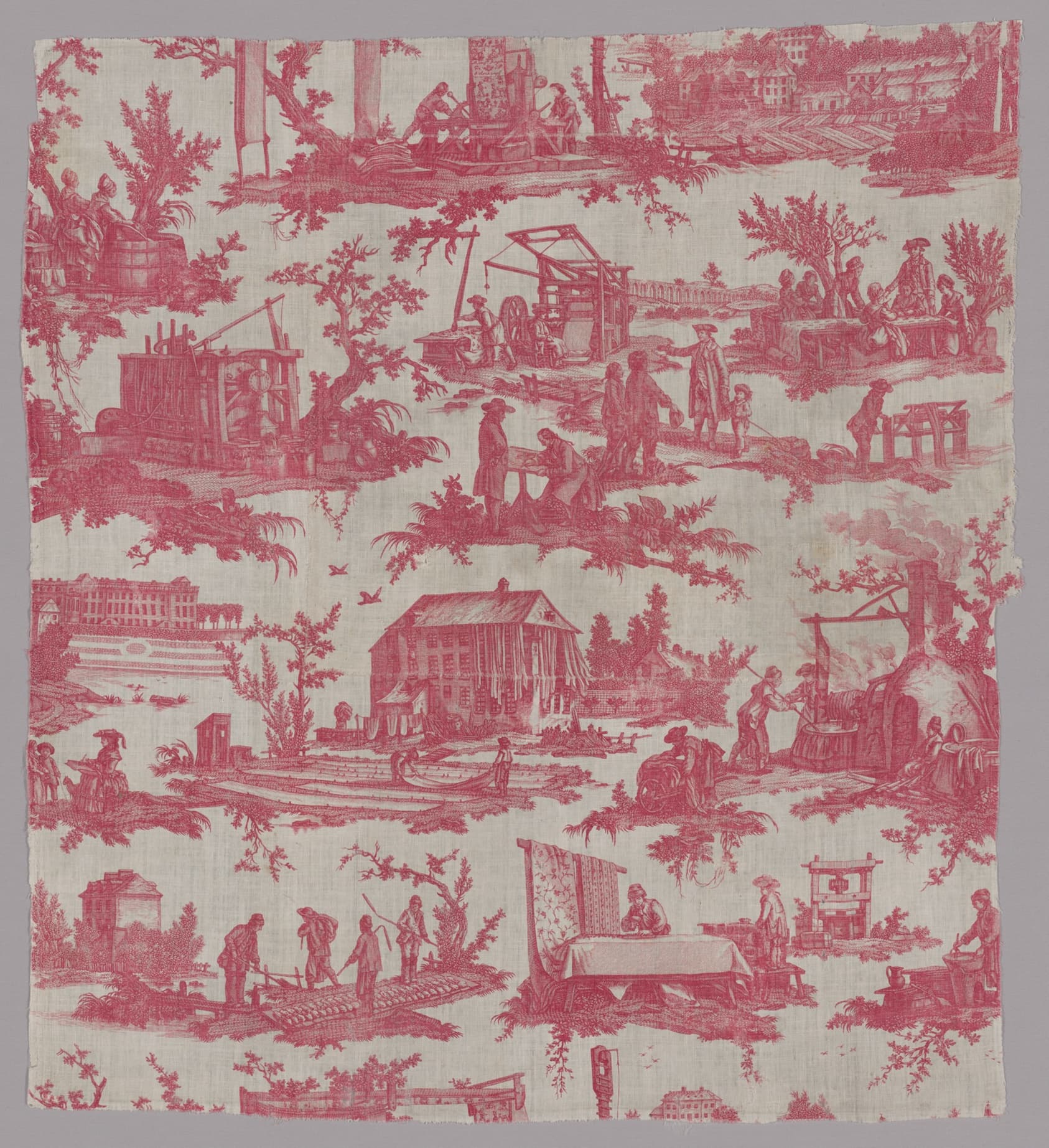 Designed by Jean Baptiste Huet (French, 1745–1811)
Manufactured by Christophe-Philippe Oberkampf (naturalized French, 1738-1815), Oberkampf Manufactory (French, 1760-1843)
Jouy-en-Josas, France — Les Travaux de la Manufacture (The Activities of the Factory) (Furnishing Fabric)