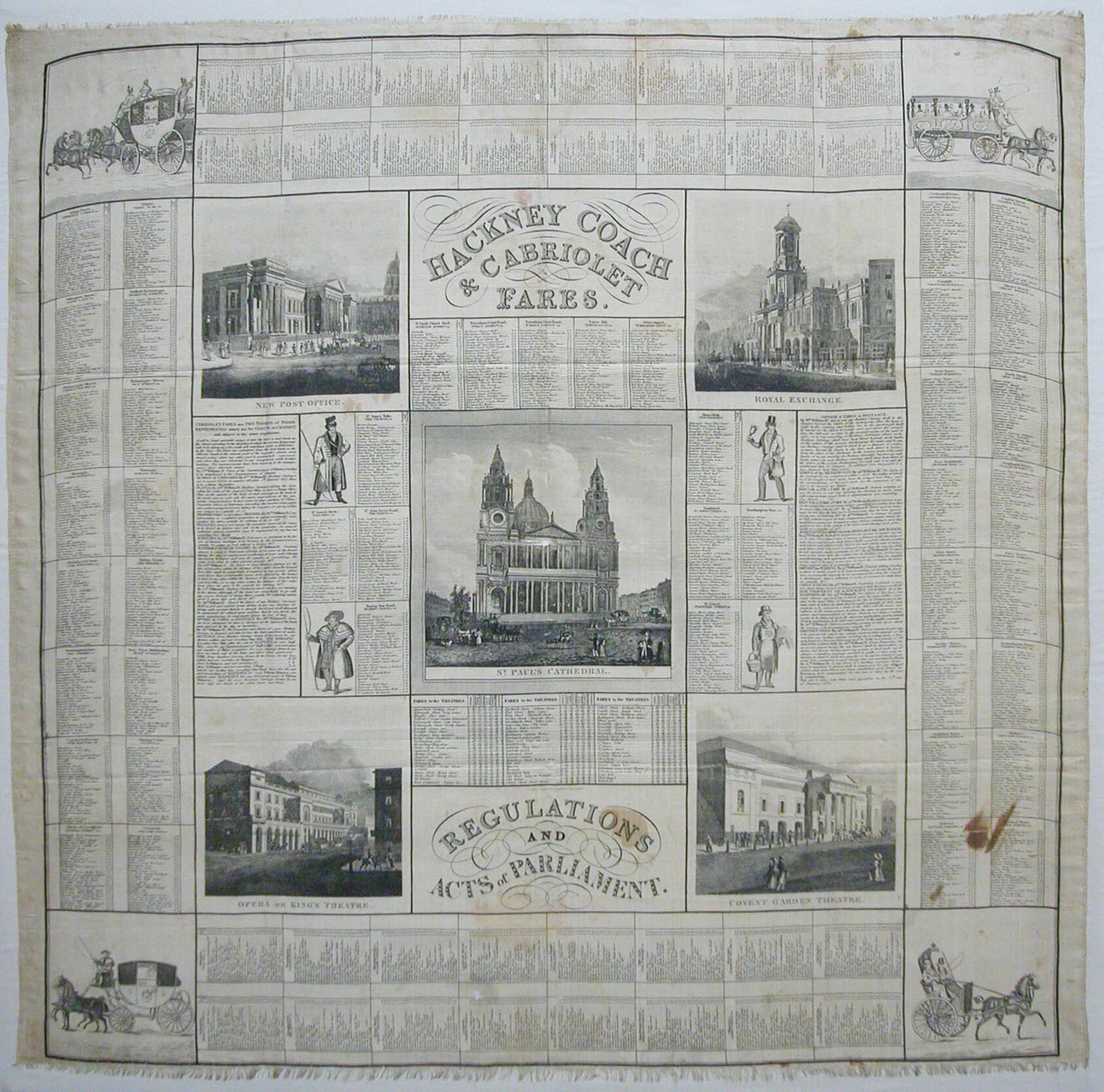 Designed by John Leander Bishop (English, 1810–1868)
England, London — Hackney Coach and Cabriolet Fares/ Regulations and Acts of Parliament (Handkerchief)