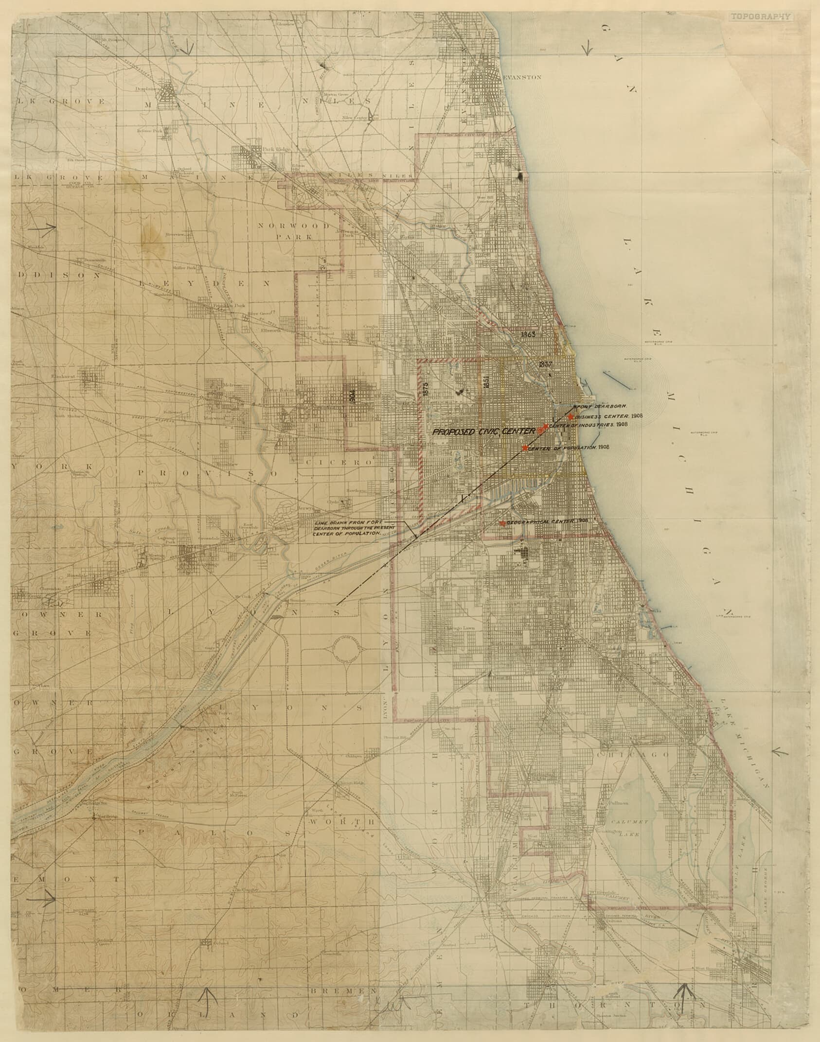 Daniel Hudson Burnham (American, 1846-1912)
Edward Herbert Bennett (American, born England, 1874-1954) — Plan of Chicago, Chicago, Illinois, Diagram Showing City Growth
